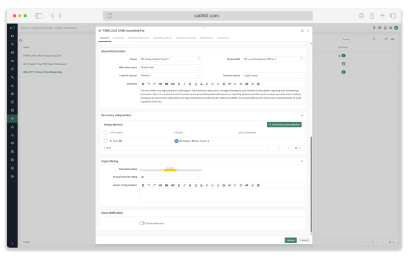 SAI360 Regulatory Change Action Plan Tool