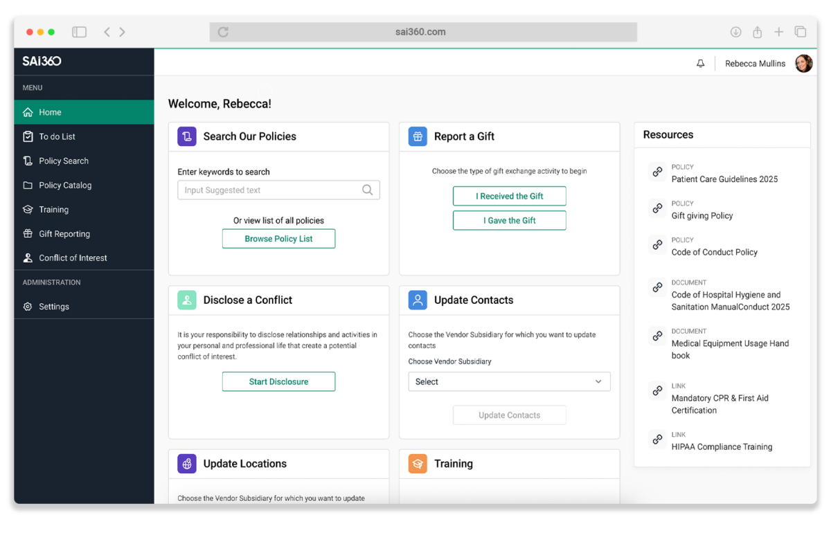 SAI360 for Healthcare Compliance Dashboard