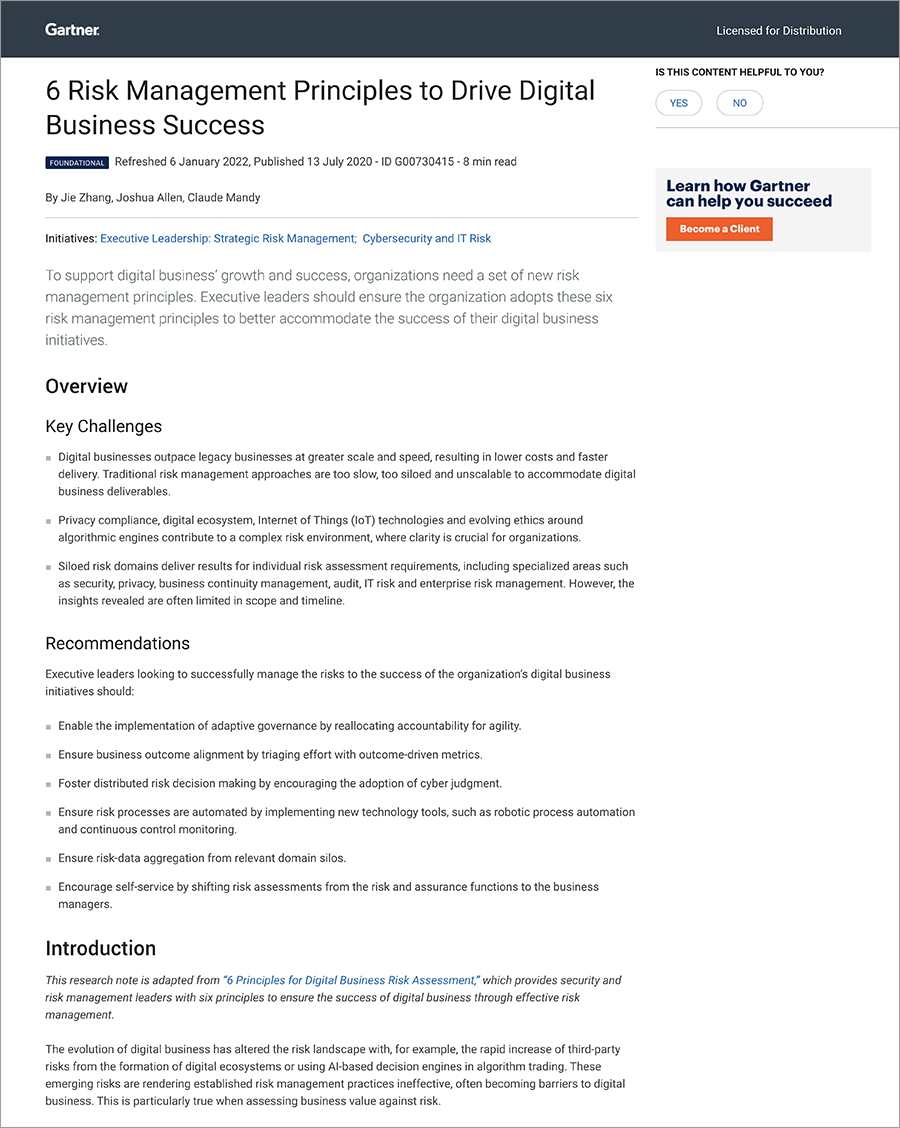 Gartner Research Report: Six Risk Management Principles to Drive Digital Business Success