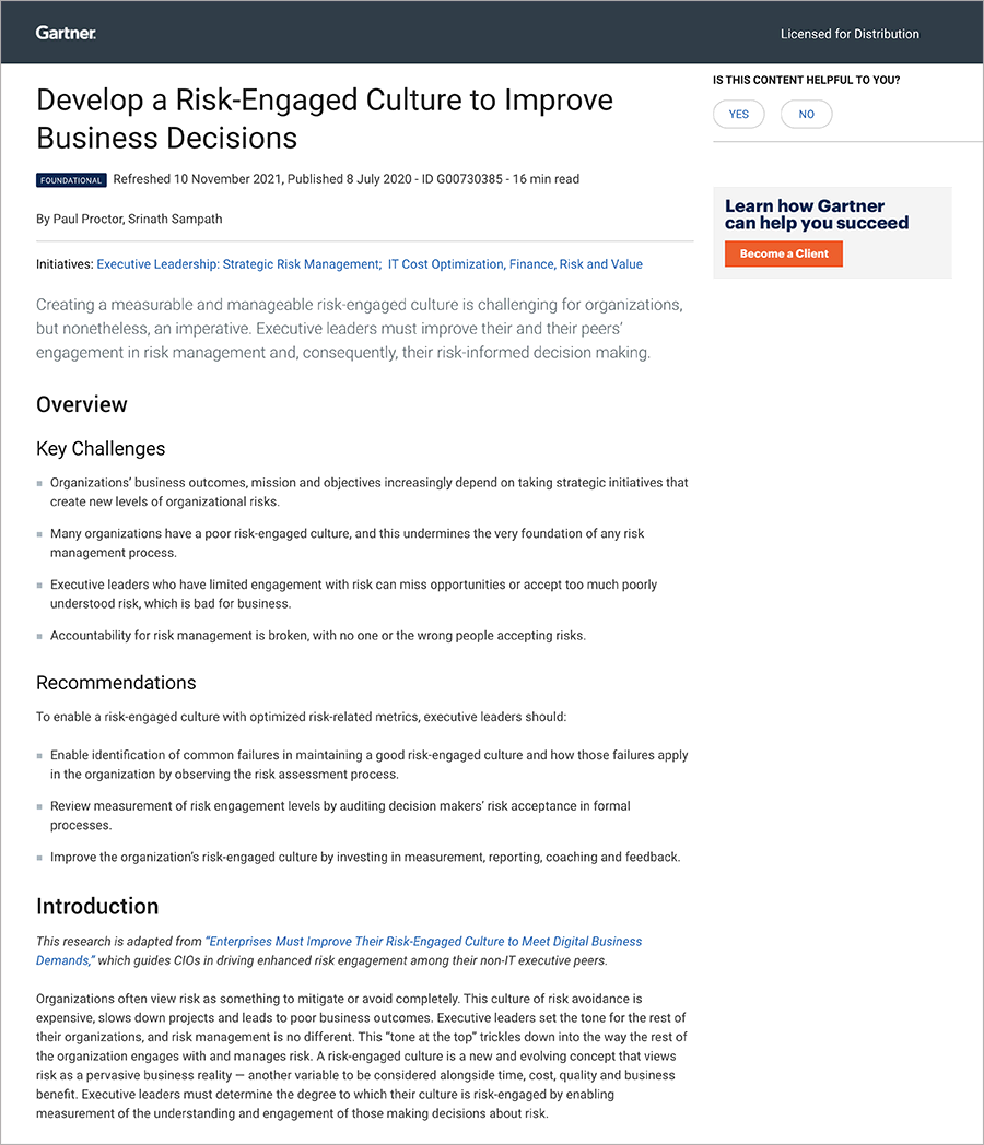 Gartner Report: Develop a Risk-Engaged Culture to Improve Business Decisions, courtesy of SAI360