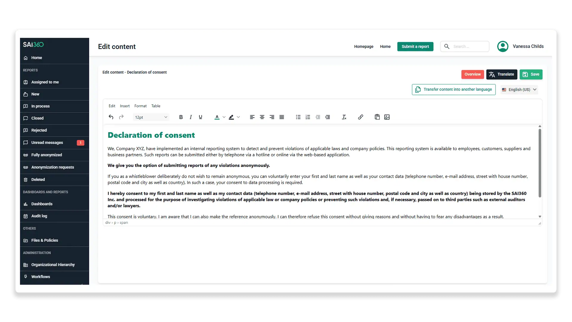 Declaration of conscent whistleblower Whistleblower Hotline Software