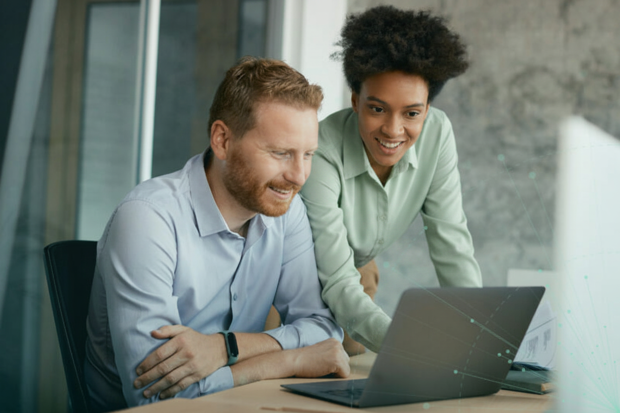 Partner Header – Different Shirt Colors People looking at computer screen