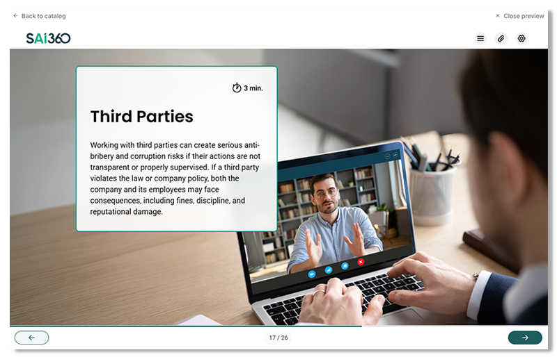 ABAC Third Parties SAI360 training module on third parties showing a video call scenario. Text panel explains anti-bribery and corruption risks when working with third parties and consequences of policy violations.
