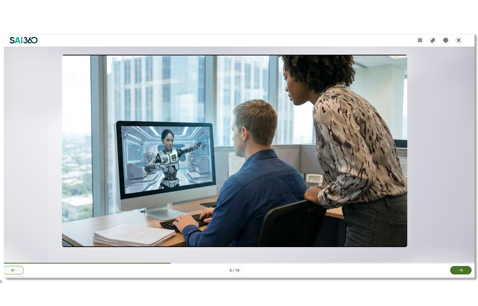 Using AI Course for Website 1 Two employees viewing an online training course on a desktop monitor featuring an animated AI character instructor.