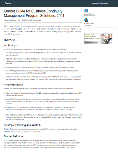 Gartner Market Guide for Business Continuity Management Program Solutions, 2021
